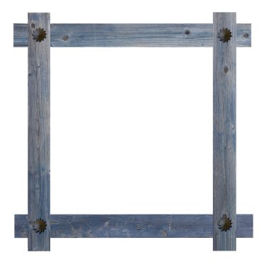 Old wooden blue frame against a white background with copy space in the center.