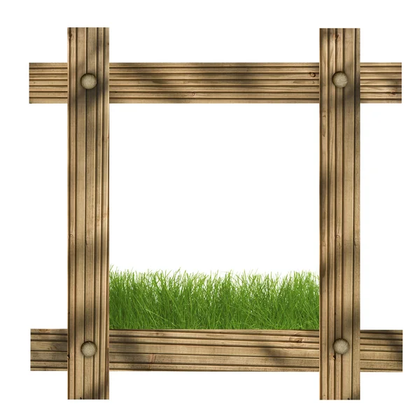 Cornice in legno marrone su sfondo bianco con erba e spazio copia al centro . — Foto Stock