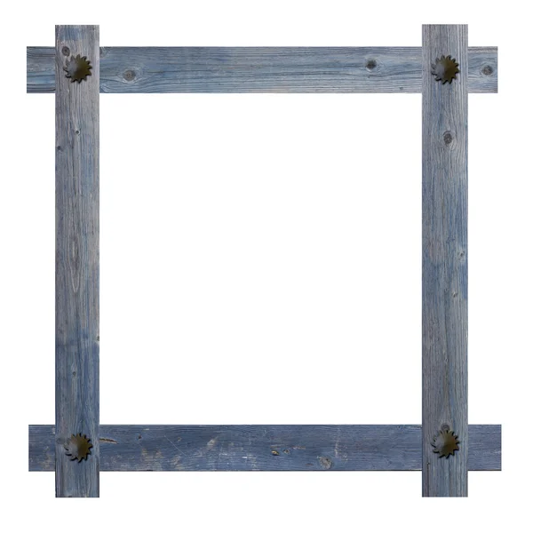 Old wooden blue frame against a white background with copy space in the center. — Zdjęcie stockowe