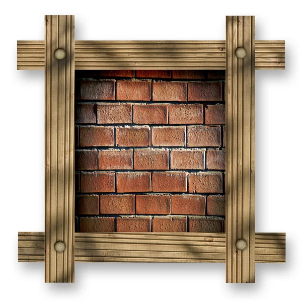Cornice in legno marrone su sfondo bianco con muro di mattoni rossi, copiare lo spazio al centro . — Foto Stock