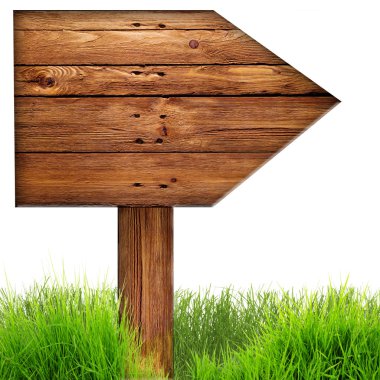 Ahşap ok işareti ile beyaz izole çimen