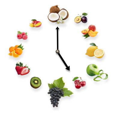 Beyaz arka plan üzerinde izole sağlıklı meyve düzenlenen saat. Yemek saati meyve ile. Sağlıklı gıda kavramı.