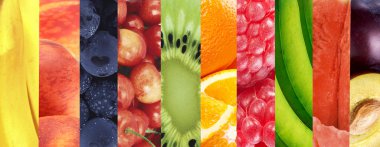 Healthy food background. Collage of fresh summer fruit in the form of vertical stripes.