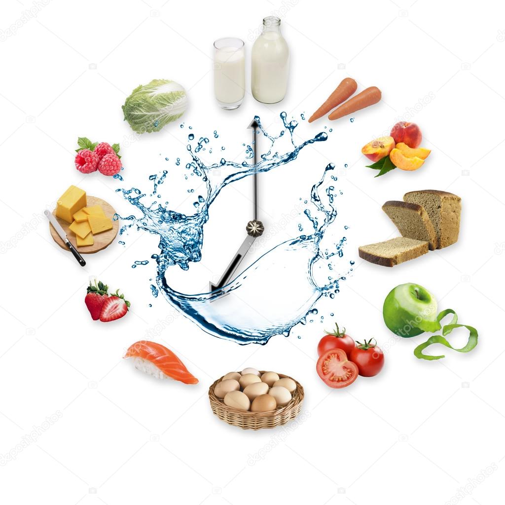 Clock arranged from healthy food products splash by water isolated on white background. Healthy food concept.