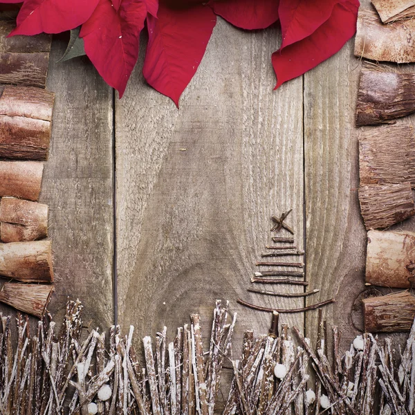Rám uspořádané od Poinsetie květiny, hole, větvičky, naplavené dříví, kokosové shell jako pozadí. Jednoduché vánoční stromeček řemeslo. — Stock fotografie