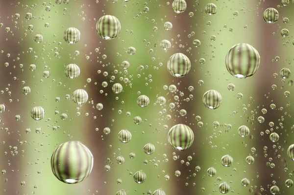 Close-up on water drops background on green surface. Water droplets on glass with reflections in them. Watermelon imagination. — Stock Photo, Image