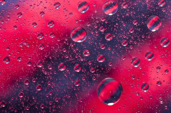 Close-up on water drops background on red and black surface. Water droplets on glass with reflections in them. — Stock Photo, Image