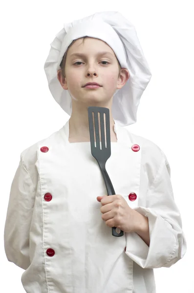 Young boy dressed as chef on white background. — Stock Photo, Image