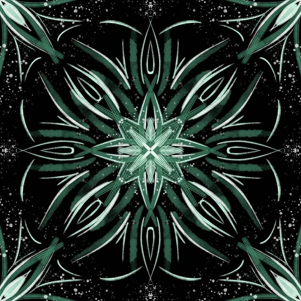 抽象的なパターン緑の線の花のモチーフ黒の背景 — ストック写真