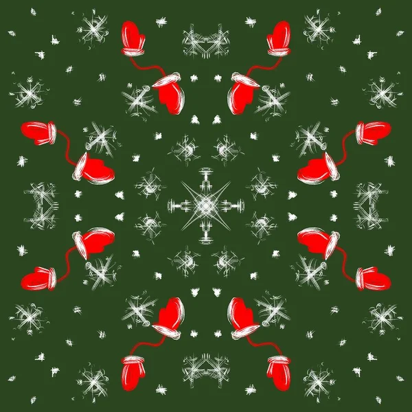 Christmas pattern on a green background, with snowflakes and red mittens — Stock Photo, Image
