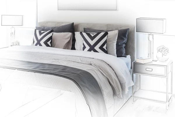 Эскиз дизайна современной спальни с белой кроватью и черной лампой — стоковое фото