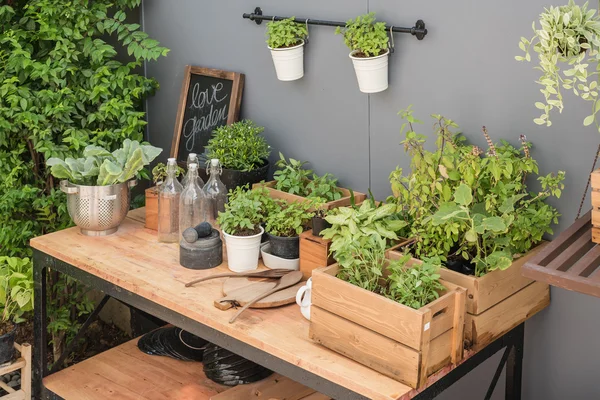 Herramientas de jardinería sobre mesa de madera —  Fotos de Stock