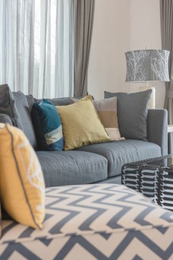 Modern oturma odası ile gri kanepe 