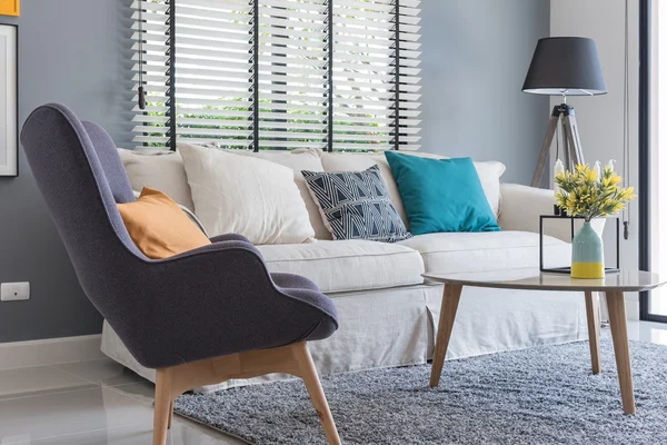 Modernes Wohnzimmer mit modernem Stuhl und Sofa mit Pflanzenvase — Stockfoto