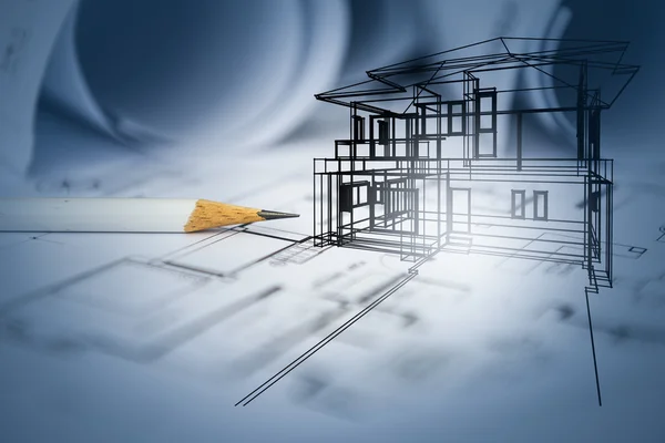 Konzept der Traumhaus-Zeichnung des Designers mit Bauplan — Stockfoto