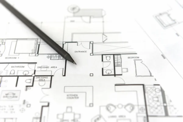 Matita nera su architettura per disegni di costruzione — Foto Stock