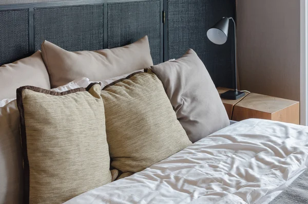 Bedroom with black modern lamp — Stock Photo, Image