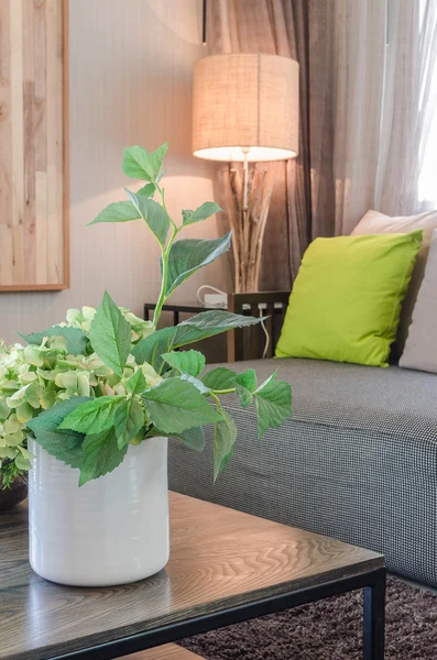 Rostliny v bílá keramická váza v obývacím pokoji — Stock fotografie
