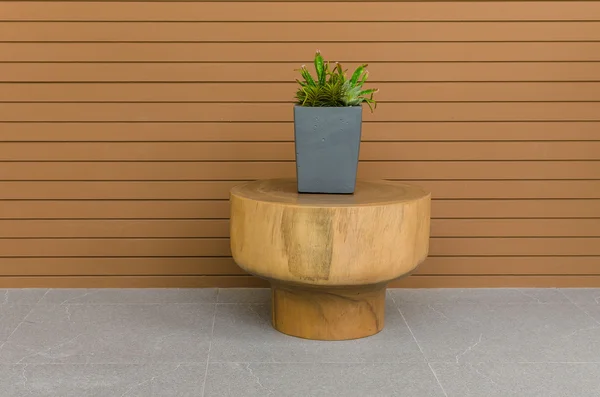 Piante in moderno vaso grigio su tavolo rotondo in legno con pannello in legno — Foto Stock