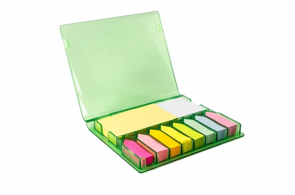 Conjunto de papel de nota pegajosa colorido em uma caixa isolada em branco — Fotografia de Stock