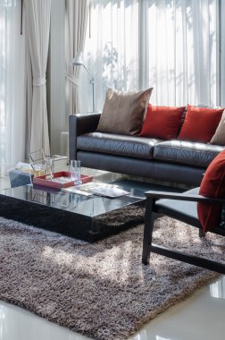 kahverengi kanepe ve kırmızı yastık modern oturma odası