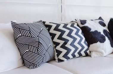 oturma odasında beyaz kanepe üzerinde siyah beyaz yastıklar 