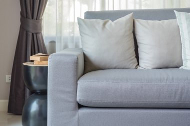 Modern gri kanepe oturma odasında yastık ile 