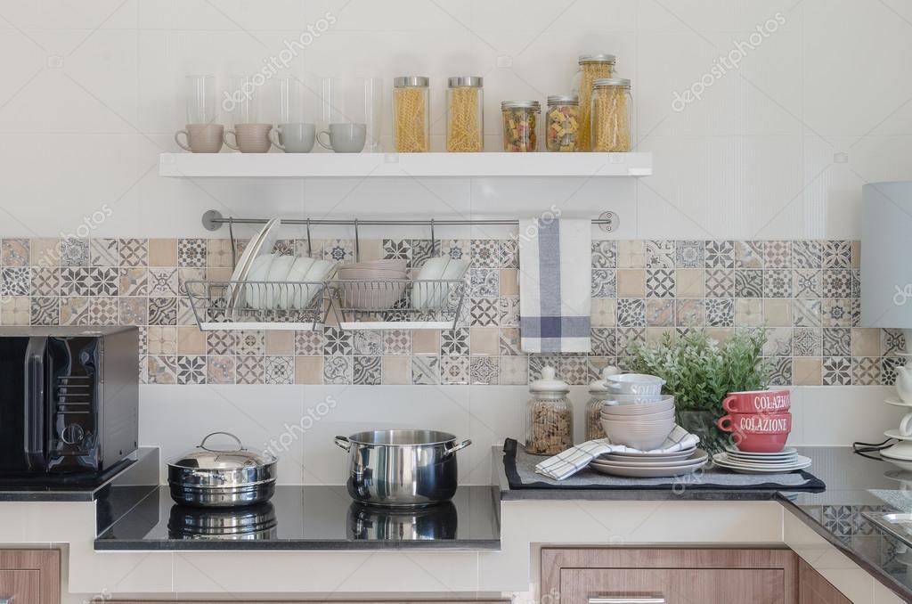 Kitchen counter with utensil prepared for cooking — Stock Photo
