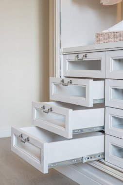 Beyaz lamine çekmece ile tutamacı açılmaya