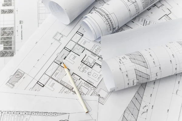 Matita bianca su architettura per disegni di costruzione — Foto Stock