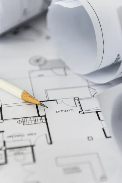 White pencil on architectural for construction drawings Stock Picture