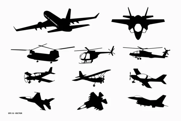 飛行機のシルエットや様々な黒い飛行機のシルエットのセット Eps 10ベクトル簡単に変更できます — ストックベクタ