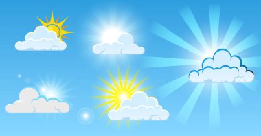 Parlak güneş ışığına sahip bulutlar ya da açık mavi bulutlar ya da parlak güneş kavramına sahip mavi pamuklu gökyüzü. 10 vektör, değiştirmesi kolay