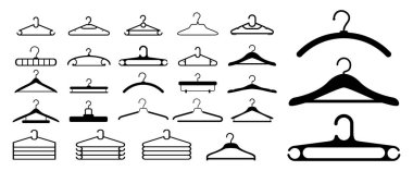 Beyaz arka planda izole edilmiş elbise askısı ya da elbise askısı seti siyah beyaz stilde asılıdır. 10 vektör, değiştirmesi kolay