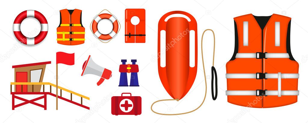 set of various lifebuoy isolated or lifeguard rescue equipment or safety beach worker with life jacket concept. eps 10 vector, easy to modify