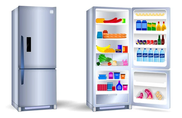 Juego Refrigerador Realista Con Una Puerta Refrigerador Abierto Con Dos — Vector de stock