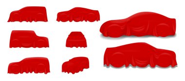 Podyuma ya da gerçekçi arabaya sarılı kırmızı ipek araba kumaşları perde konseptini ortaya çıkarır. 10 vektör, değiştirmesi kolay