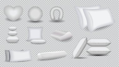 Gerçekçi beyaz yastık seti ya da yastık yığını dikdörtgeni ya da beyaz yastık kare konforlu yatak konsepti. 10 vektör, değiştirmesi kolay