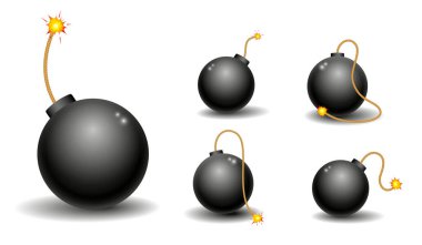 Yanan fitili olan gerçekçi dinamit seti ya da gerçek bomba fişekleri ya da yanan fünyeli kırmızı bomba. 10 vektör, değiştirmesi kolay