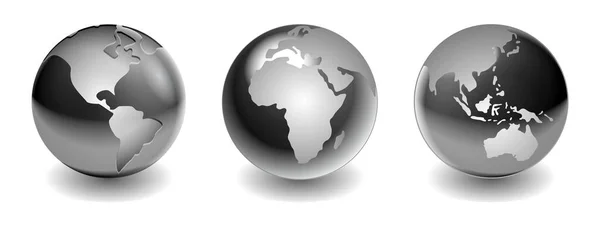 Ensemble Boules Métalliques Acier Boules Argent Ombres Globe Carte Monde — Image vectorielle