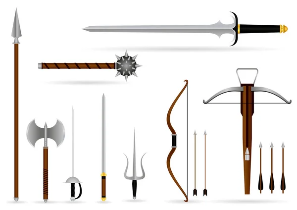 Conjunto Espada Guerrera Realista Escudo Espadas Cruzadas Espada Hacha Concepto — Archivo Imágenes Vectoriales