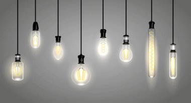 Gerçekçi akkor lamba seti ya da ampul kablosu ışığı ya da yumuşak filament vintage lamba ya da gerçekçi elektrik lambaları. vektör içer