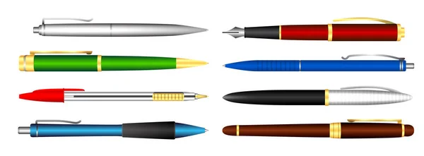 一套现实的钢笔隔离或各种钢笔和弹簧机械笔或办公室文具收集和返回学校的概念 Eps向量 — 图库矢量图片
