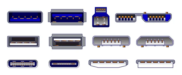 コンピュータコネクタやユニバーサルコネクタシンボルのセットや様々なUsbプラグコネクタミニマイクロ雷タイプの概念のセット Eps 10ベクトルEpsベクトル — ストックベクタ
