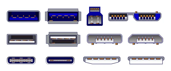 Zestaw Złączy Komputerowych Lub Uniwersalne Symbole Złącza Usb Lub Różne — Wektor stockowy