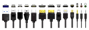 Bilgisayar konnektörleri ya da usb evrensel konnektör sembolleri ya da çeşitli usb eklenti konektörü mini mikro ışık konsepti. vektör içer