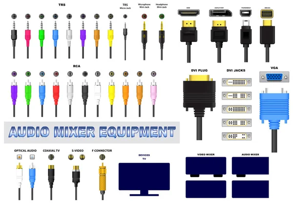 Conjunto Conectores Realistas Mixer Áudio Isolado Vários Plugue Jack Áudio — Vetor de Stock