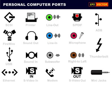 Gerçekçi kişisel bilgisayar portu konnektörleri ya da usb evrensel konnektör sembolleri ya da çeşitli buji bağlantı portları firewire scsi usb ethernet yazıcı SPDIF modem yıldırım bileşeni. vektör içer