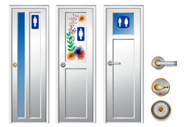 Sada Realistických Toaletních Skříní Izolovaných Nebo Detailních Toaletních Dveří Veřejném — Stockový vektor
