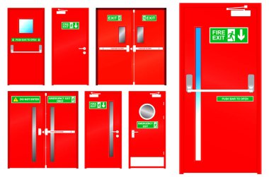 set of realistic red emergency exit door isolated or red color metal door for emergency and evacuate or fire exit sign in building with alarm trigger handle door. eps vector clipart